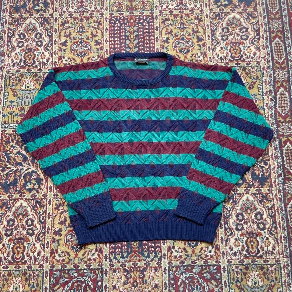 Vtg 80s 90s Peconic Bay Traders 3d Knit Striped Argyle Acrylic Sweater M Usa